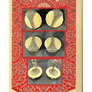 Vintage Ivory Art Deco Celluloid Marcasite Clip-On Earrings